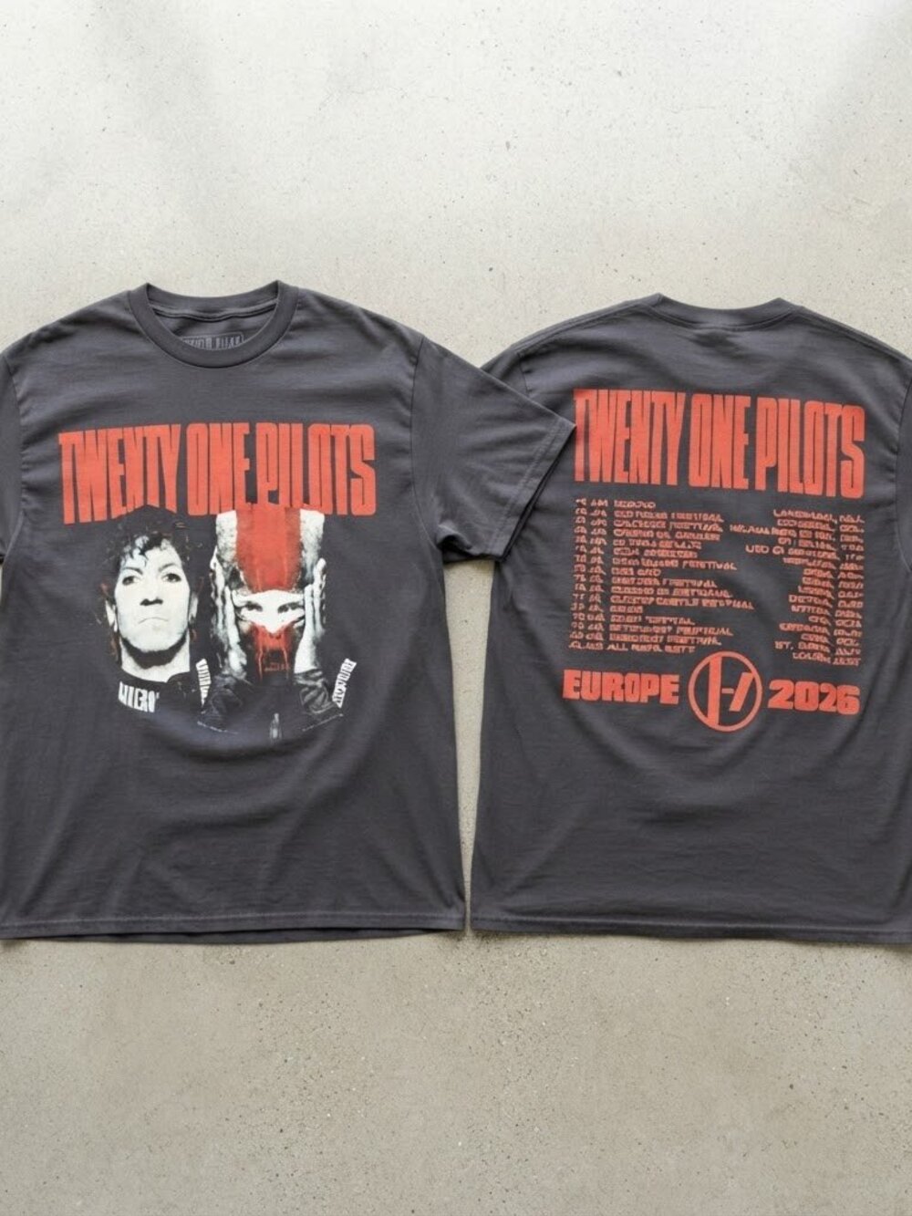 Twenty One Pilots Europe Tour 2026 Concert Graphic Charcoal T-Shirt S-4XL